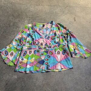 Milano Women's VTG Y2k Multicolor Bell Sleeve Blouse Sz XL Pucci Abstract Art